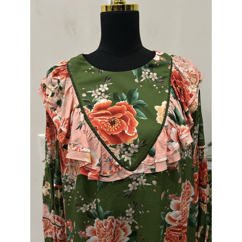 Anthropologie Farm Rio Floral Shift Dress Elinor Green Tunic Balloon Sleeve Sz L - Picture 4 of 8